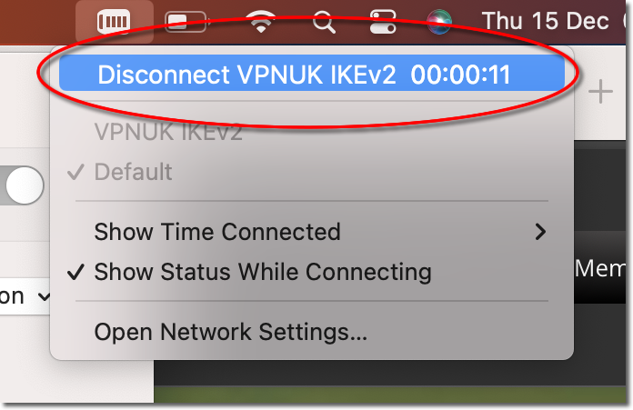 Connected — Disconnect VPNUK IKEv2 shown in menu bar
