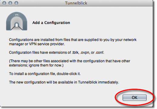 Click OK to add configuration in Tunnelblick