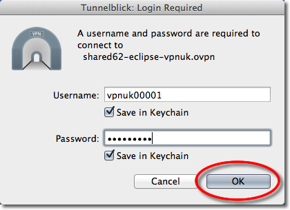 Enter VPNUK login credentials in Tunnelblick
