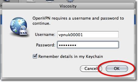 Enter VPNUK username and password in Viscosity