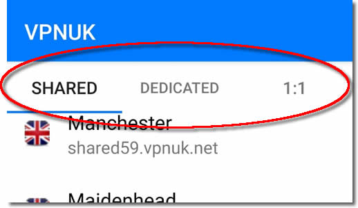 Android VPNUK App - Server selection
